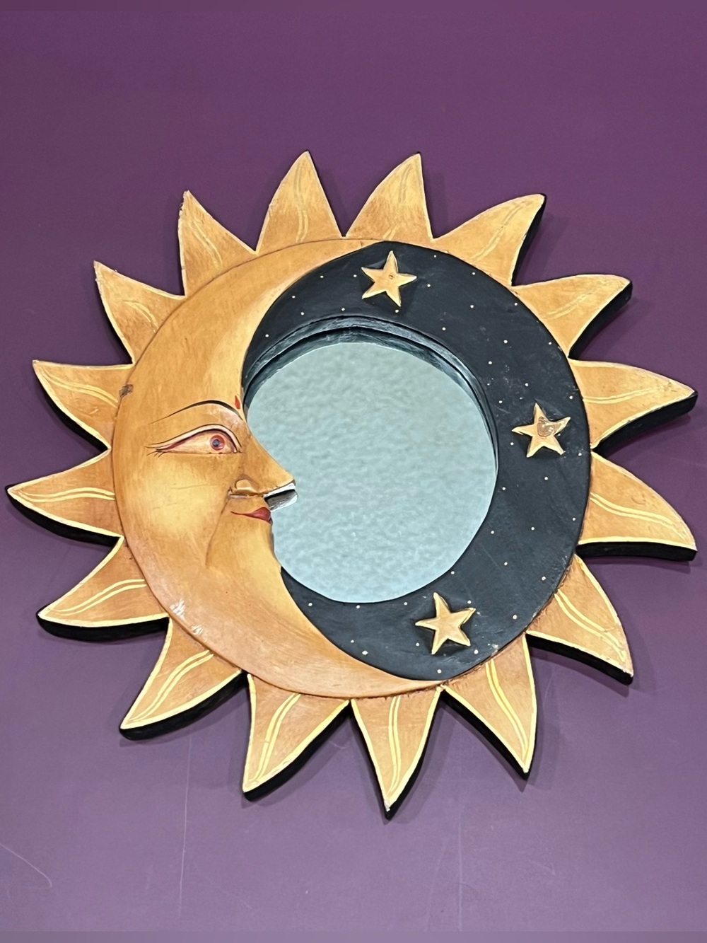 Vintage Celestial Sun Moon Star Wall Mirror Whimsigoth Boho Folk Art 11"